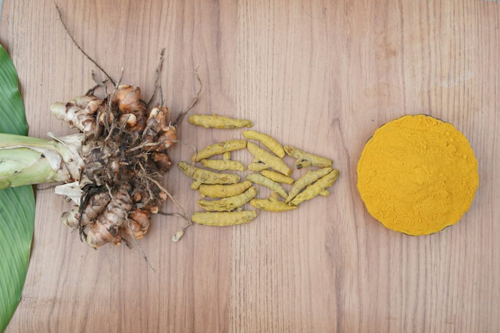 Racine de curcuma fraîche, morceaux séchés et poudre sur un fond en bois